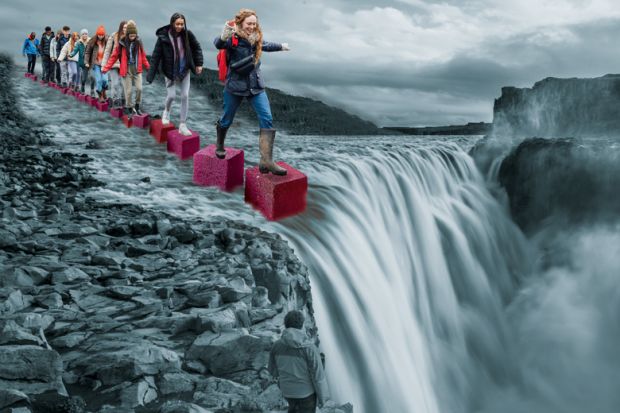 Montage of a group stepping on cubes leading to a waterfall 